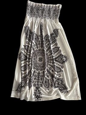 Smocked Waist White sleeveless maxi dress with Black Mandala Design